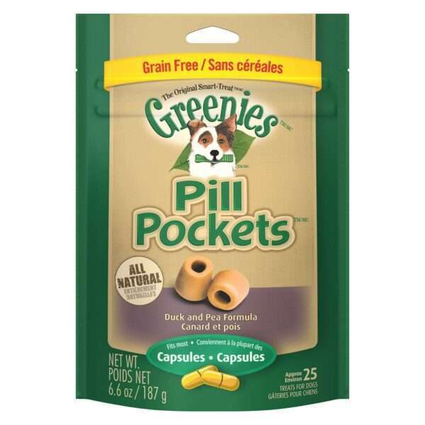 Greenies Pill Pockets Grain Free Formula Duck & Pea Capsules Dog Treats | 6.6 oz