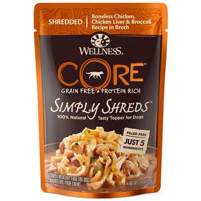 Wellness CORE Simply Shreds Natural Grain Free Wet Dog Food Mixer or Topper Chicken Liver & Broccoli, 2.8-Ounce Pouch (Pack of 12)