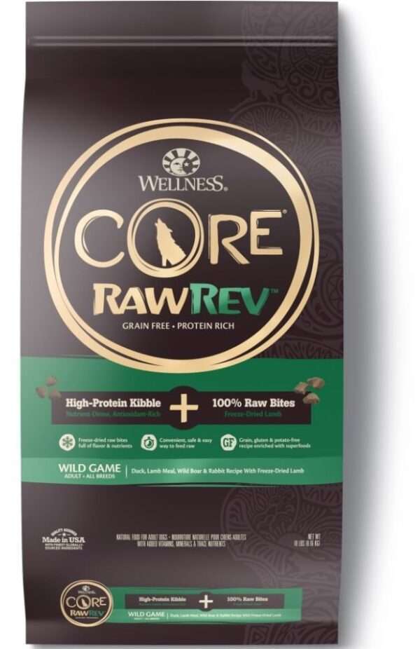 Wellness CORE RawRev Natural Grain Free Wild Game Duck, Lamb, Wild Boar & Rabbit with Freeze Dried Lamb Dry Dog Food - 18 lb Bag