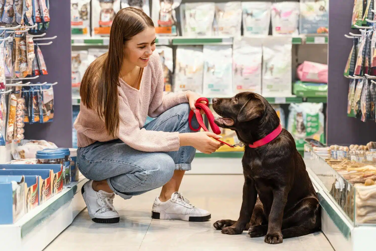 A gil sits with a brown labrador in a pet store.
