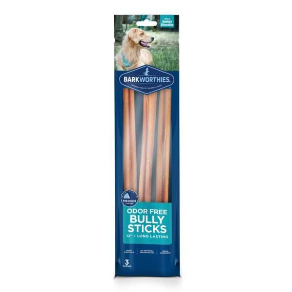Barkworthies Odor Free Dog Bully Stick, 12" L, Pack of 3, Large