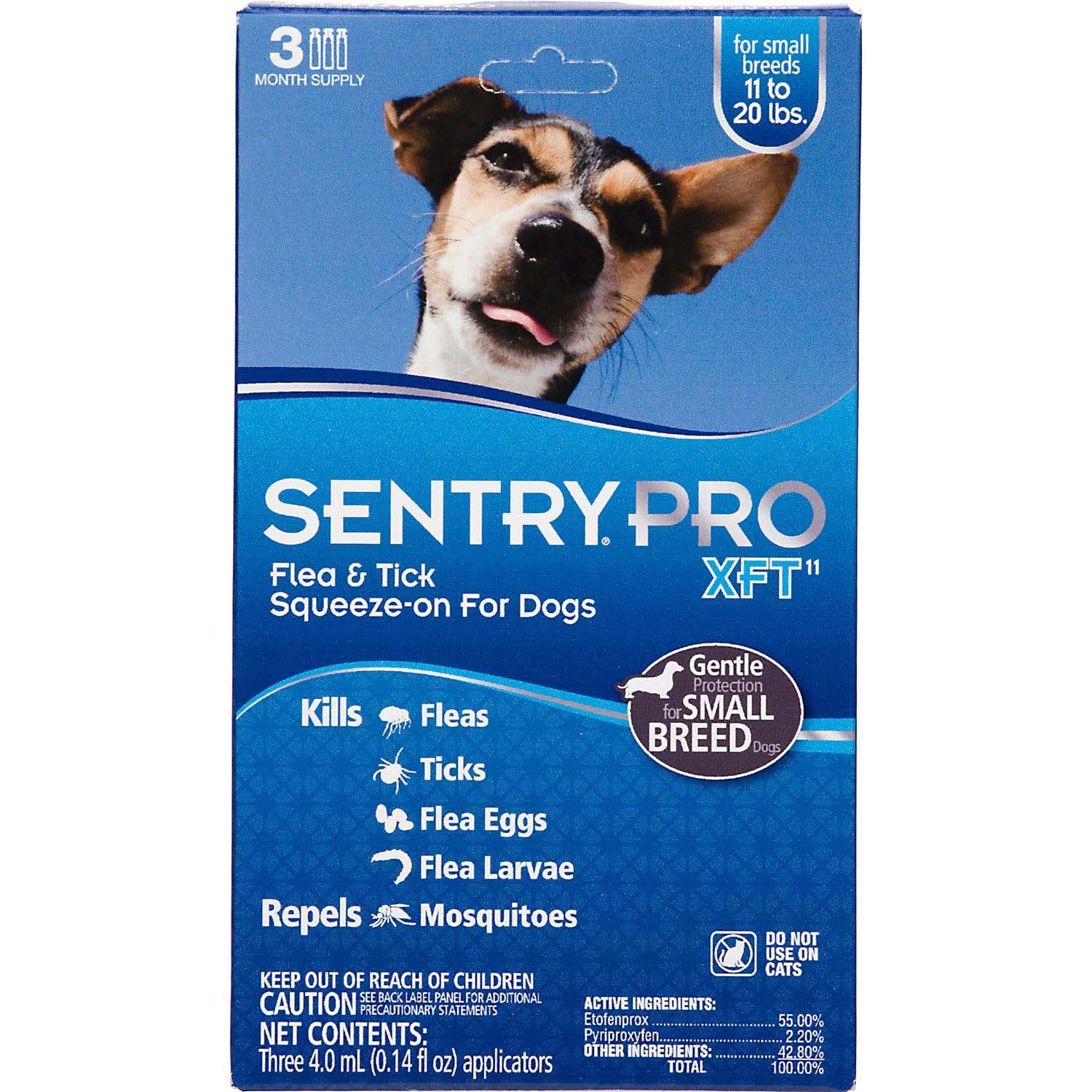 Sentry Pro XFT Squeeze-On Dogs 11 to 20 lbs. Flea & Tick Treatment, 3 Month Supply, 4 ML