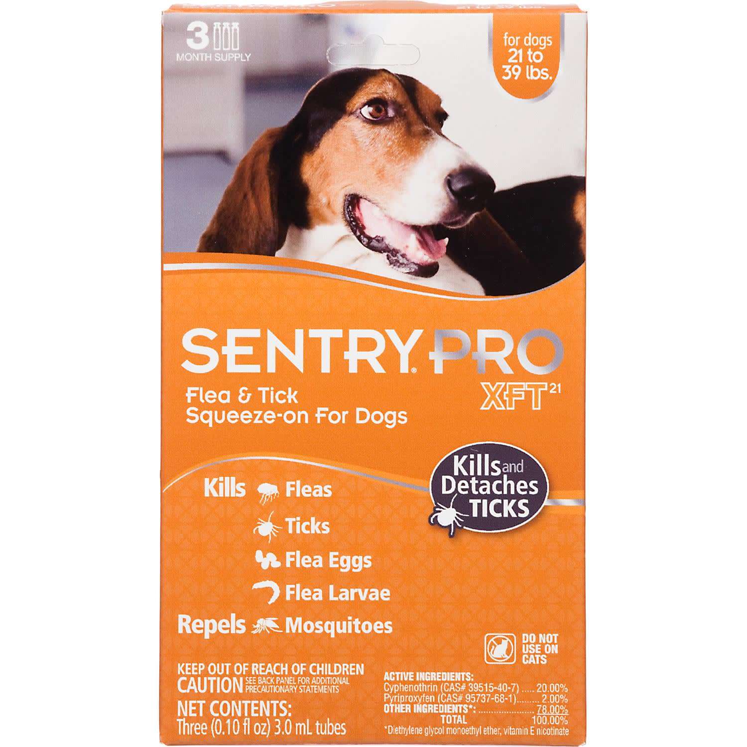 Sentry Pro XFT Squeeze-On Dogs 21 to 39 lbs. Flea & Tick Treatment, 3 Month Supply, 3 ML