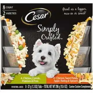 CESAR Simply Crafted Adult Wet Dog Food Meal Topper Variety Pack Chicken Carrots Potatoes & Peas and Chicken Sweet Potato Apple Barley & Spinach (8) 1.3 oz. Tubs