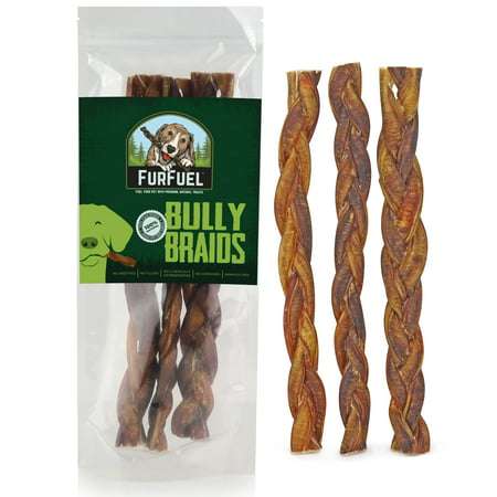 FurFuel Braided Bully Sticks for Dogs 3Pack. 12 Inch Large Braids. All Natural Bully Sticks from Free Range Grass-Fed Cattle Odor Free.