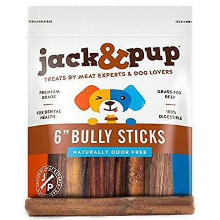 Jack & Pup Premium Grade Odor Free Bully Sticks Dog Treats (5 Pack) 6 Inches Long All Natural Gourmet Dog Treat Chews Fresh and Savory Beef Flavor Long Lasting Treat