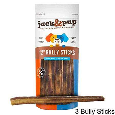 Jack & Pup Thick Bully Sticks 12 Inch Premium Dog Bully Sticks for Aggressive Chewers - All Natural Bully Sticks Odor Free 12 Large Bully Sticks Long Lasting Dog Chews Bully Stick (3 Pack)