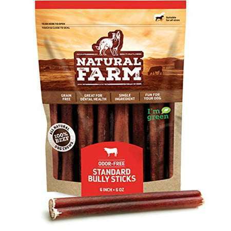 Natural Farm Bully Sticks - Odor-Free 6-Inch Long Packaged by Weight: 6 Ounces (0.38 Lbs.) - 100% Beef Chews Grass-Fed Fully Digestible Treats to Keep Your Puppies Small and Medium Dogs Busy