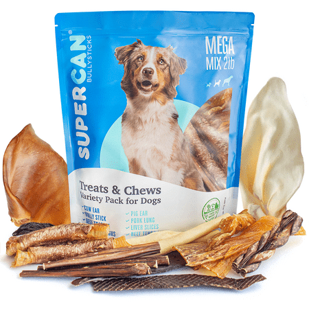 Supercan Mega Mix Dog Chews Variety Pack (2lb-900g) All Natural Dog Treats: Bully Sticks Pig Ear Cow Ear Tendons Gullet Sticks Lung Liver Cow Tail & Kneecap Bone