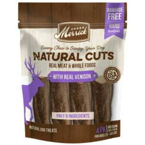 Merrick Natural Cuts Rawhide Free Dog Treats Hard Texture Dog Chew with Real Venison for Medium Dogs 10.0 OZ Pouch