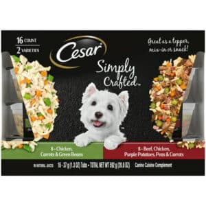 CESAR SIMPLY CRAFTED Adult Dog Food Meal Topper Variety Pack Chicken Carrots & Green Beans and Beef Chicken Purple Potatoes Peas & Carrots (16) 1.3 oz. Tubs