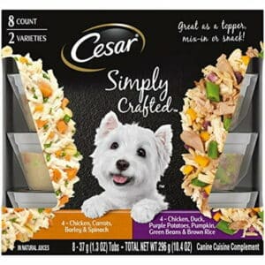 Cesar Simply Crafted Adult Soft Wet Dog Food Meal Topper Variety Pack Chicken Duck Purple Potatoes Pumpkin Green Beans & Brown Rice and Chicken Carrots Barley & Spinach (8) 1.3 oz. T