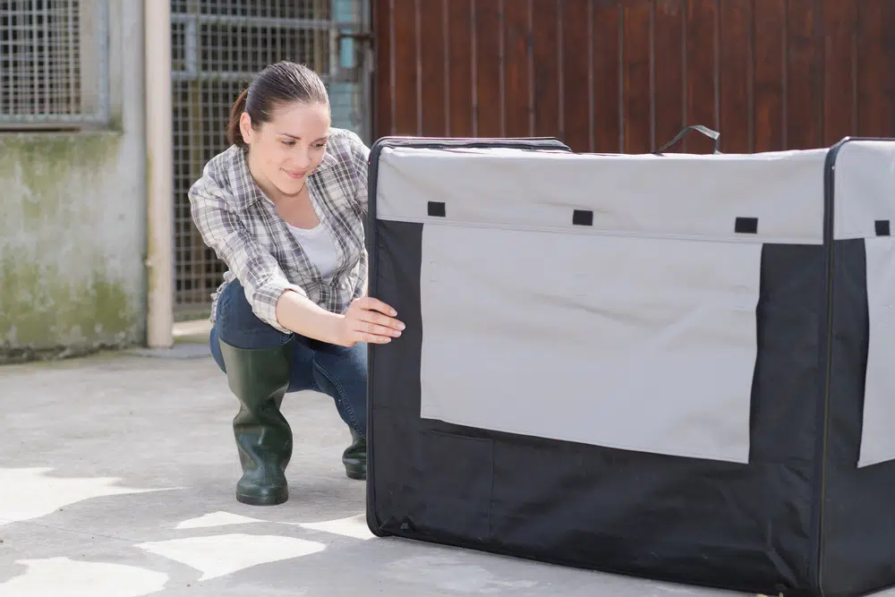 Woman Preparing a soft sided dog crate