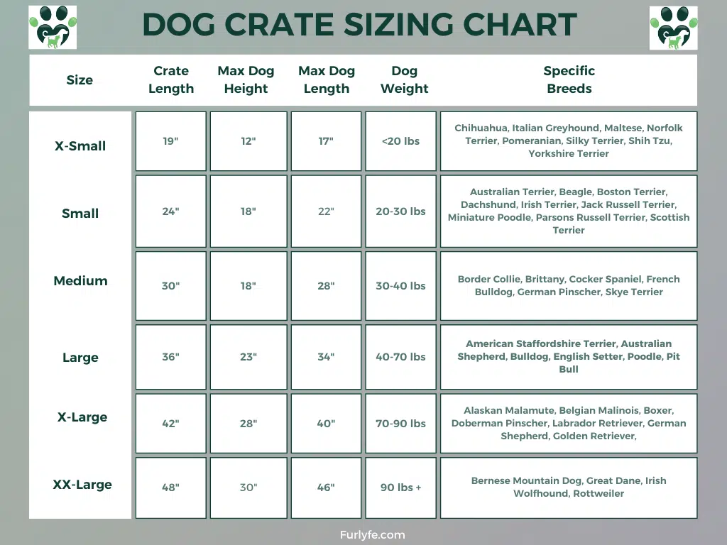 A crate size chart for crate training 8 week old puppy with recommended dimensions and examples of suitable breeds.