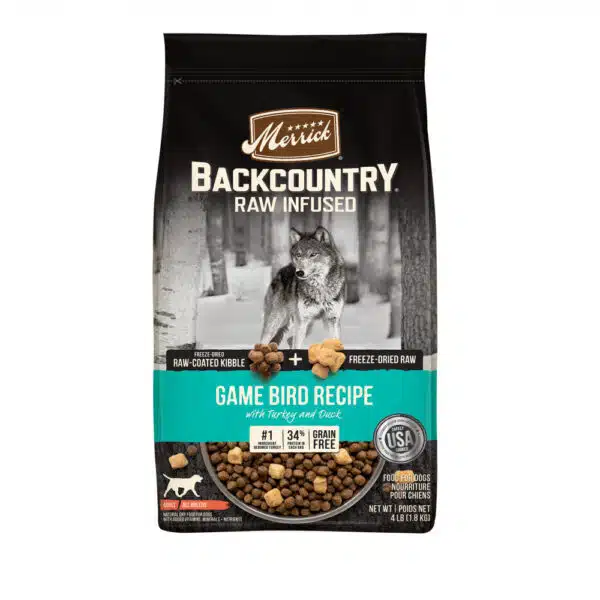 Merrick Backcountry Grain Free Dry Adult Dog Food Kibble With Freeze Dried Raw Pieces Game Bird Recipe - 20 lb Bag