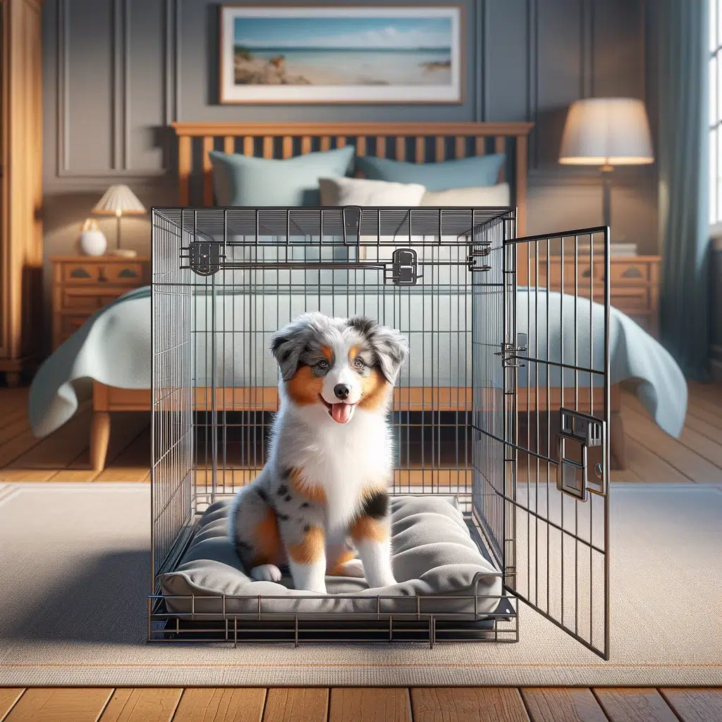 A person introducing a crate to an Australian Shepherd puppy