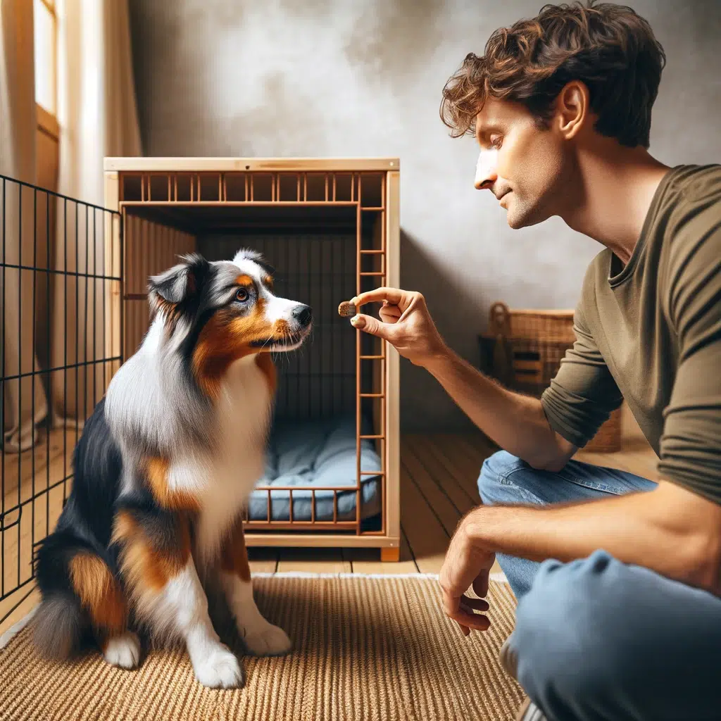 A person playing a game of treasure hunt with an Australian Shepherd puppy in a crate