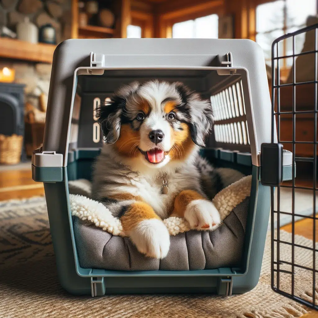 A person introducing a toy to an Australian Shepherd puppy in a crate