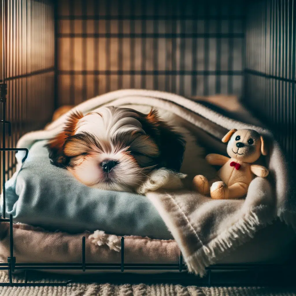 A shih tzu puppy in a crate, being prepared for bedtime