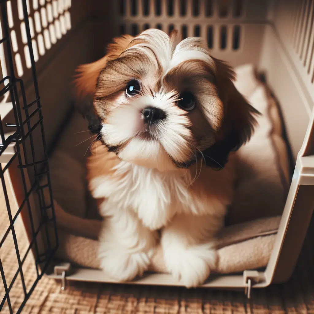A shih tzu puppy in a crate, barking and whining