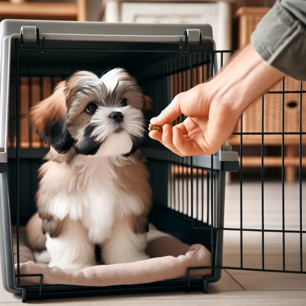 A shih tzu puppy in a crate, being trained by its owner