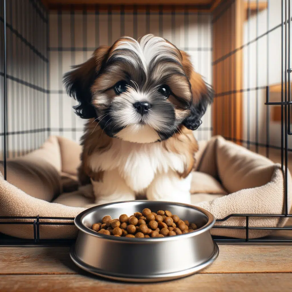 A shih tzu puppy in a crate, being fed