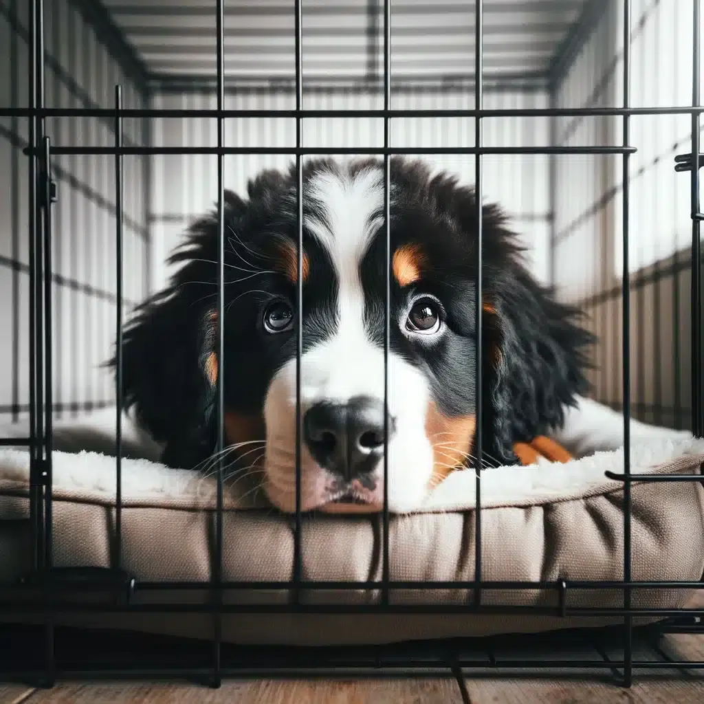 Sad Bernese Mountain Dog in a Dog Crate