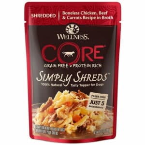 Wellness CORE Simply Shreds Natural Grain Free Wet Dog Food Mixer or Topper Chicken Beef & Carrots 2.8-Ounce Pouch(Pack of 12)