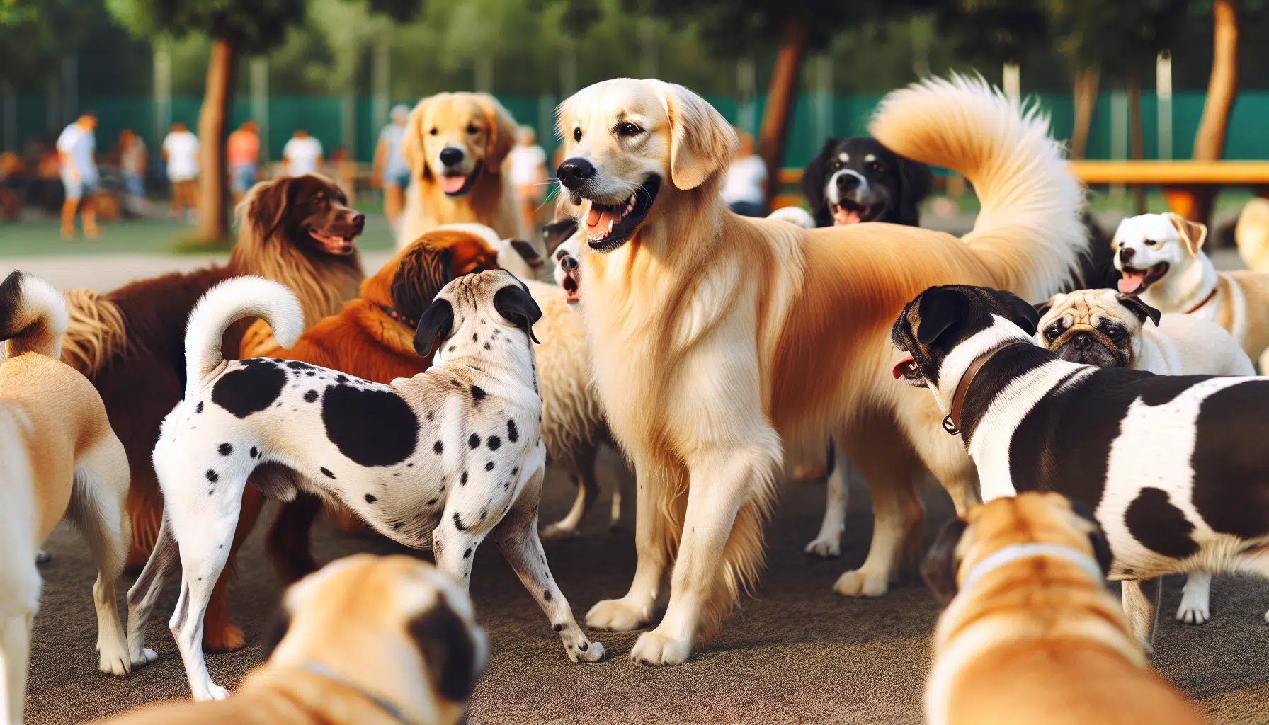 An adult dog interacting with other dogs at a dog park