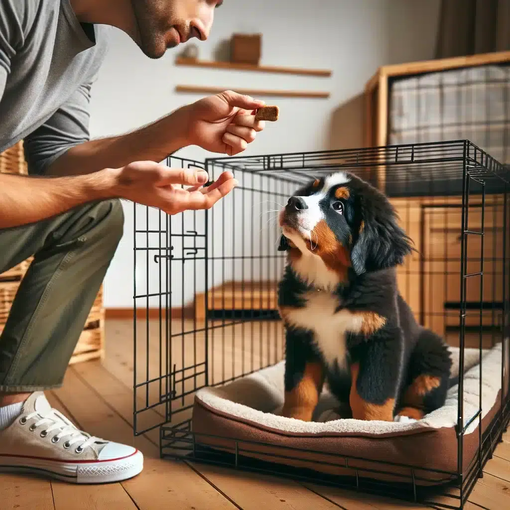 A dog owner preparing treats for his puppy in a crate