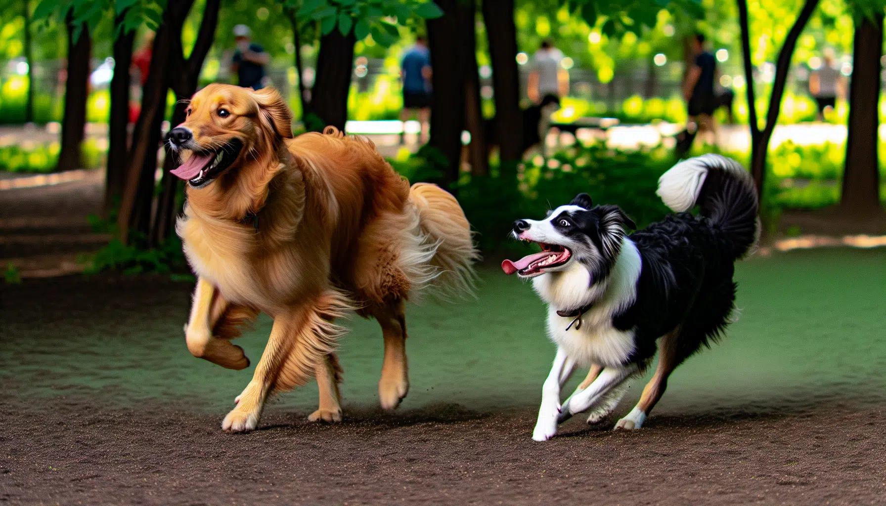 A happy dog playing with another dog at the local dog park