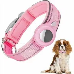 Tranquility AirTag Dog Collar Reflective Air Tag Dog Collar Adjustable Heavy Duty Dog Collar with Airtag Holder Case GPS Dog Collar (Medium Pink)