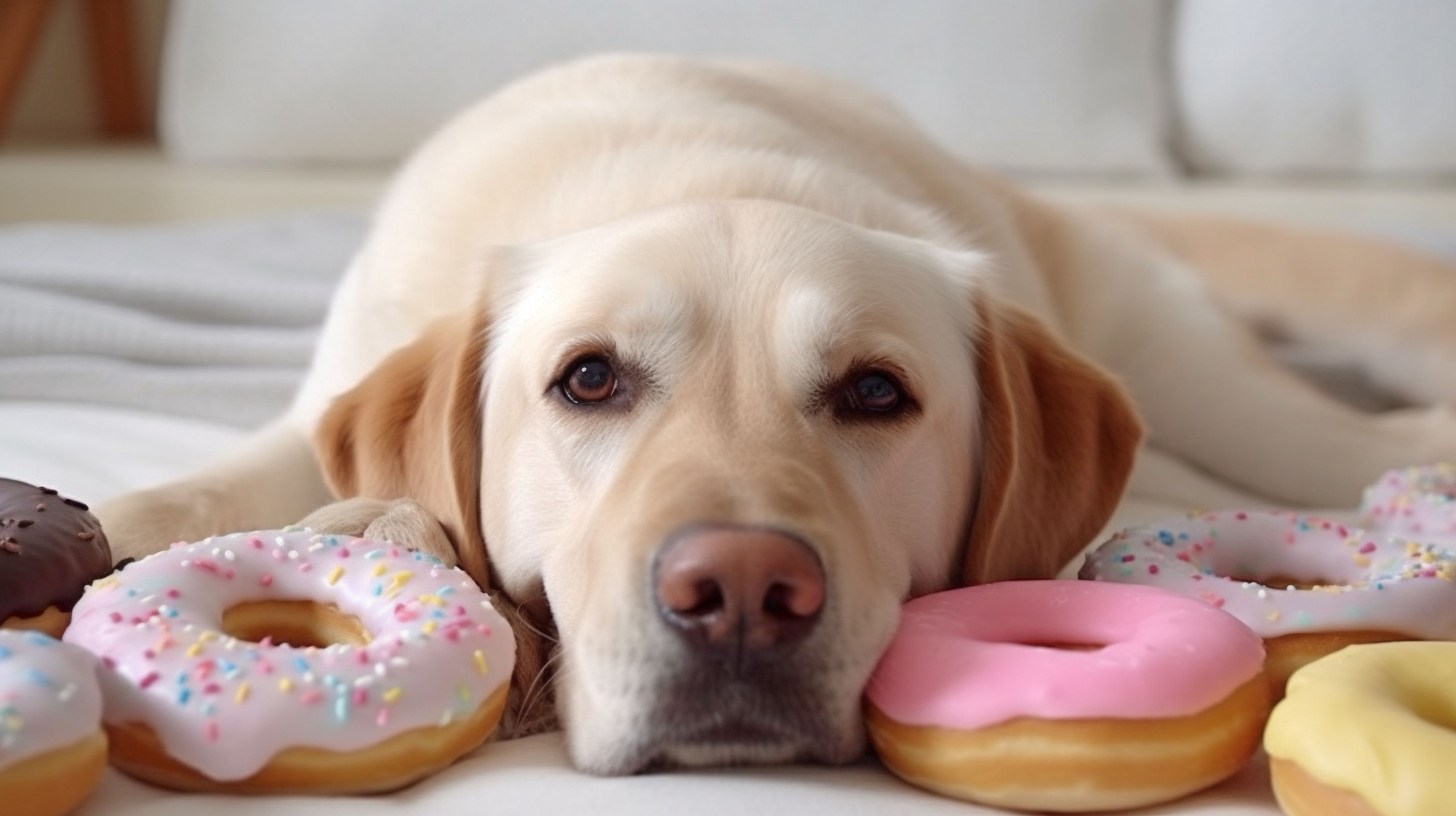 A lab laying down next to several donuts