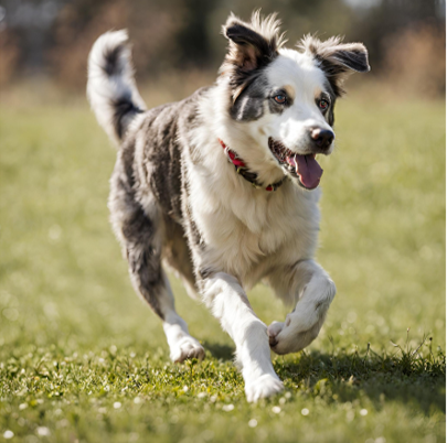 An Aussiedor dog running in a field