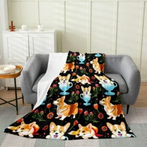 Cartoon Corgi Fleece Blanket For Kids Boys Girls Cute Dog Blanket For Pet Dog Lover Kawaii Puppy Throw Blanket Animal Colourful Floral Bed Blanket For Chair Warm All Season Baby 30x40