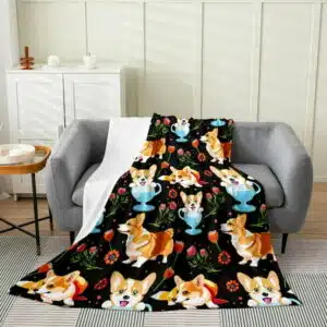 Cartoon Corgi Fleece Blanket For Kids Boys Girls Cute Dog Blanket For Pet Dog Lover Kawaii Puppy Throw Blanket Animal Colourful Floral Bed Blanket For Chair Warm All Season Baby 30x40