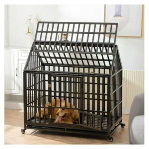 Heavy Duty Dog Crate for Large Dog Cage Strong Metal Escape Dog Kennels and Crates with Top Door and 4 Lockable Wheels Easy to Assemble 47 /Black