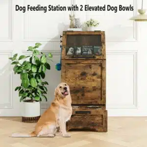 Modern Pet Feeding Station Furniture with 2 Elevated Dog Bowls Pet Food Cabinet Flip Top Dog Feeding Station Dog Food Storage Container Pet Toy Storage Organizer Dog Storage Cabinet