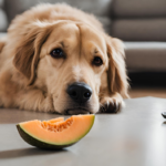 A dog looking inquisitively at a cantaloupe.