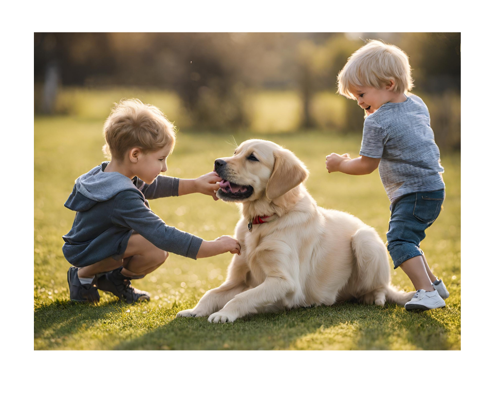A Goldador Dog playing with two children