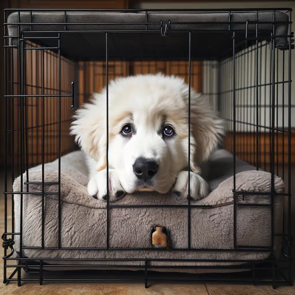 A Great Pyrenees puppy looking sad in a dog crate