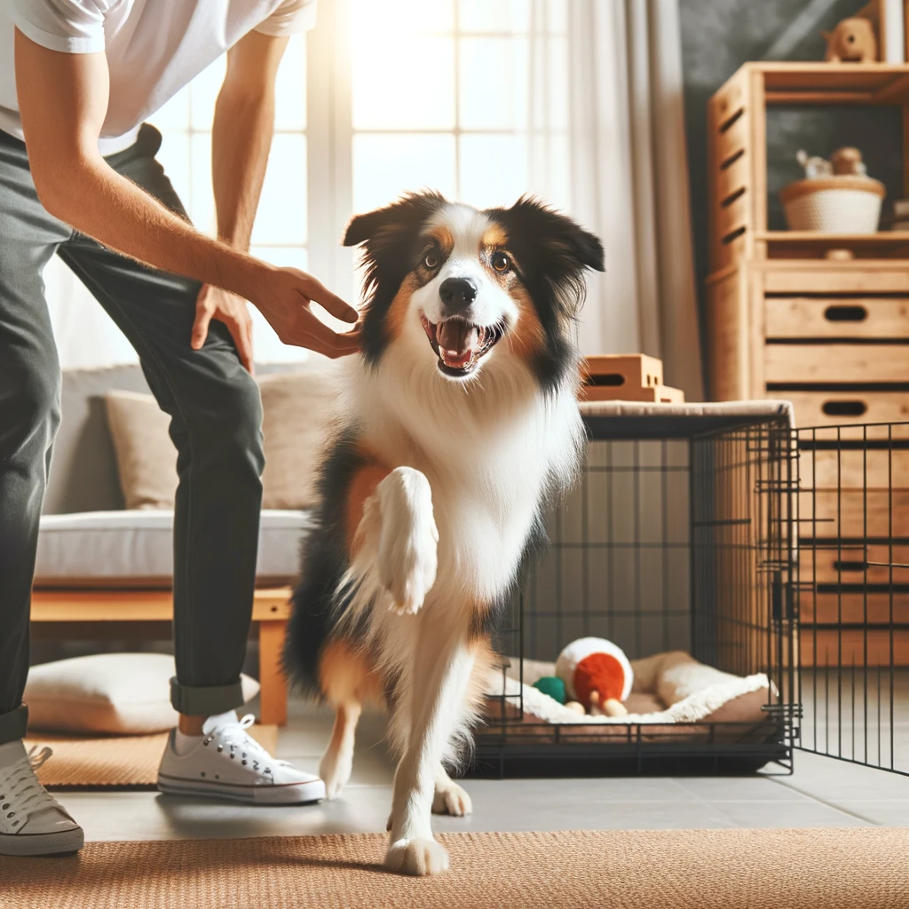 An AI image of a Border Collie playing outside its crate