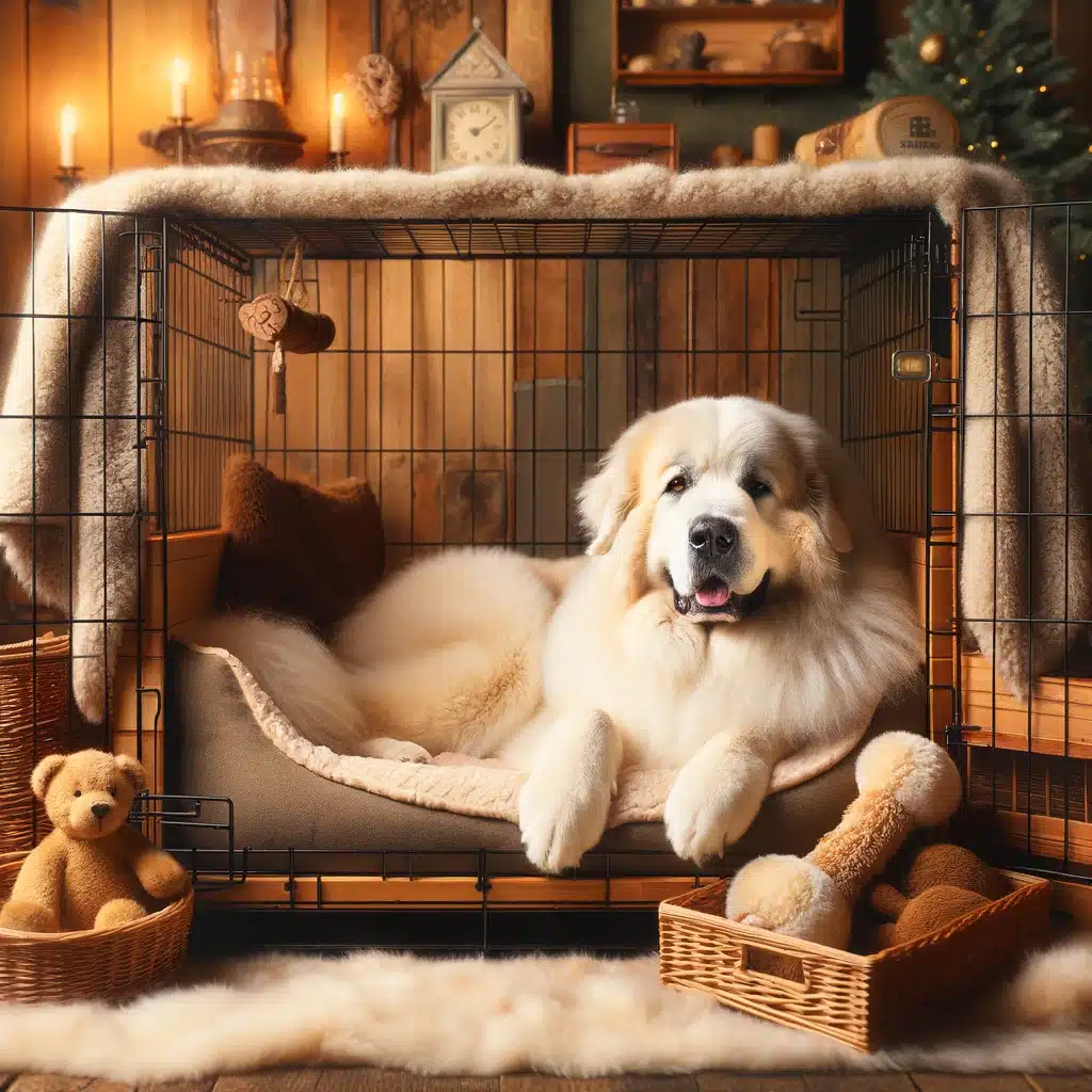 A warm set up dog crate with a cover and soft toys
