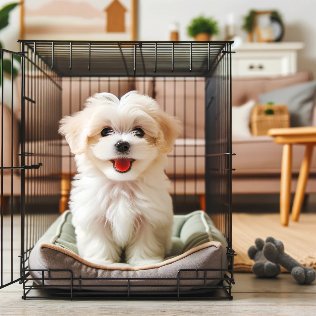 A puppy in a crate smiling in a warm living room