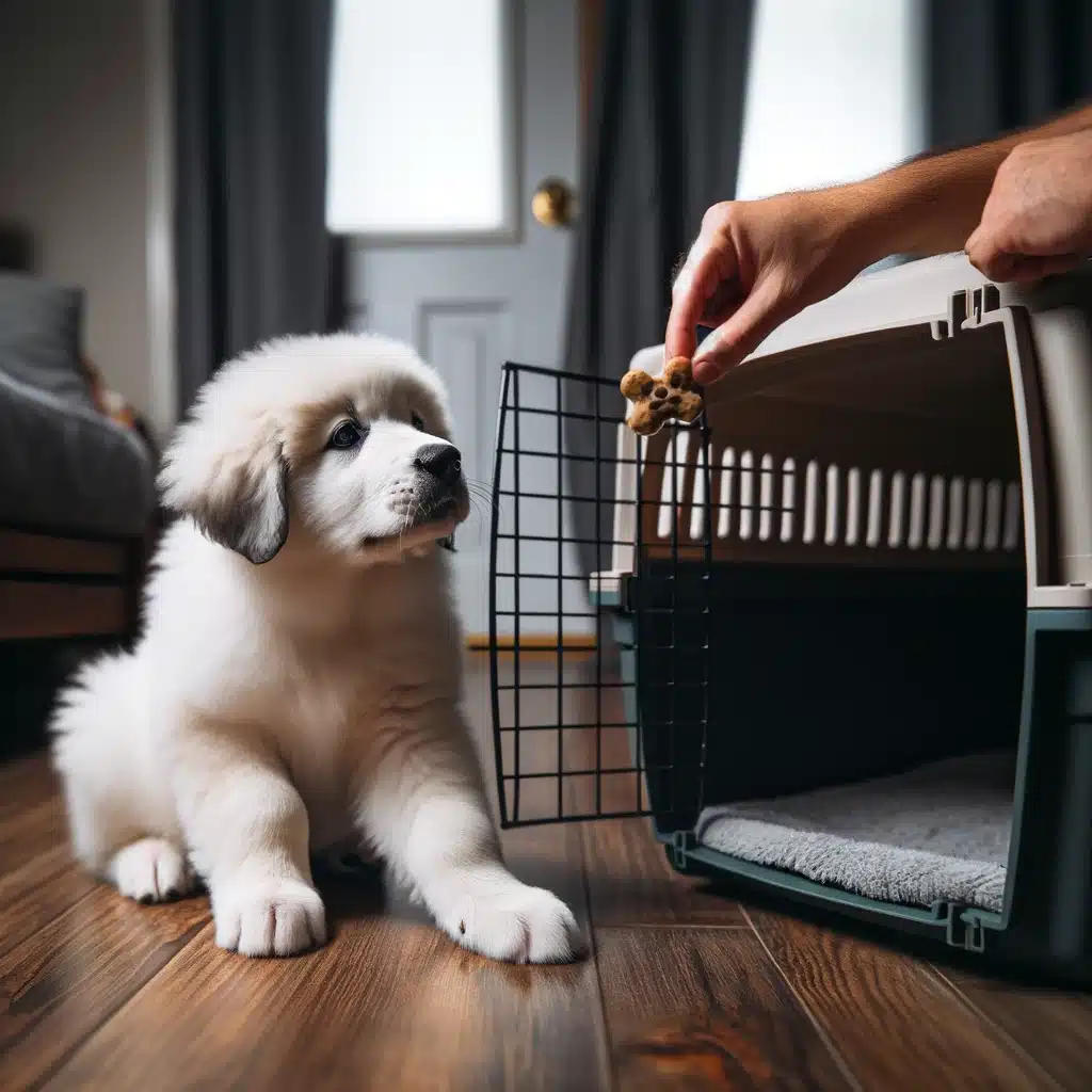 A Great Pyrenees puppy looking at a dog treat near an open crate door