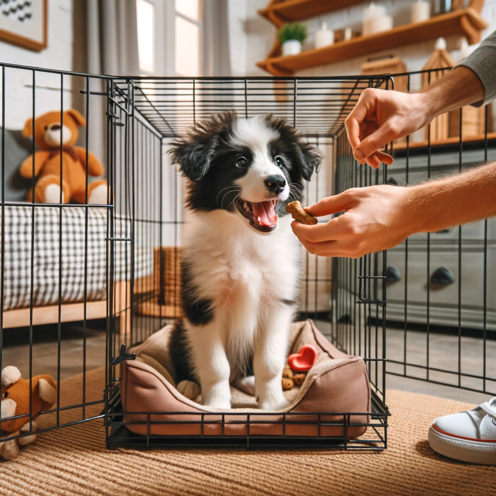 A puppy Border Collie receiving a treat from his owner