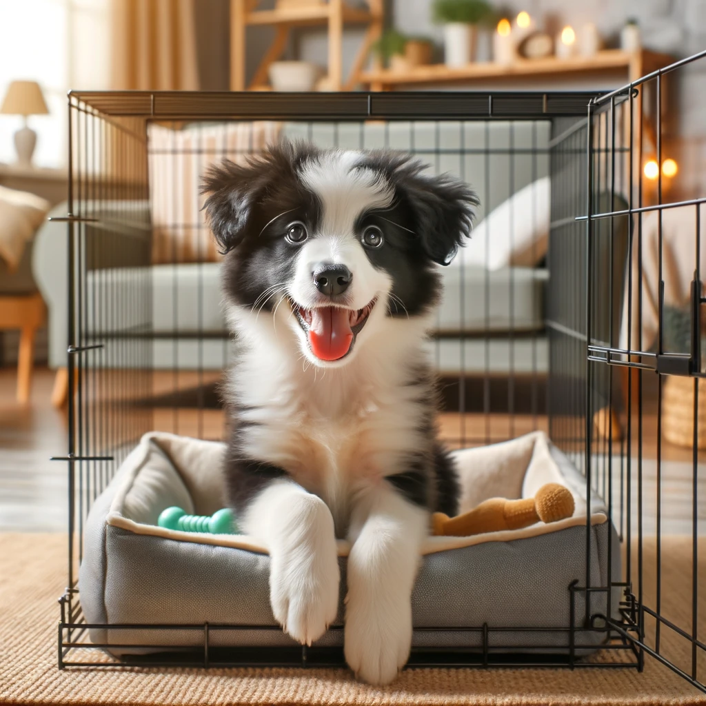 A Border Collie laying in a comfy dog crate