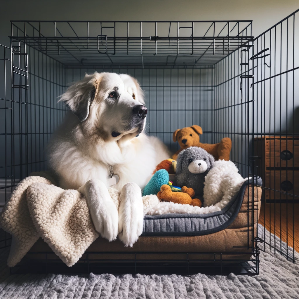 A Great Pyrenees is a comfy Dog crate with the door open