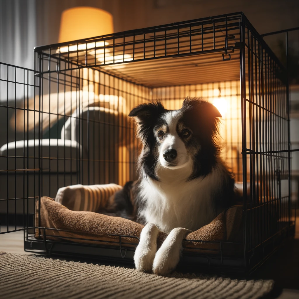 A Border Collie laying in a Crate a night