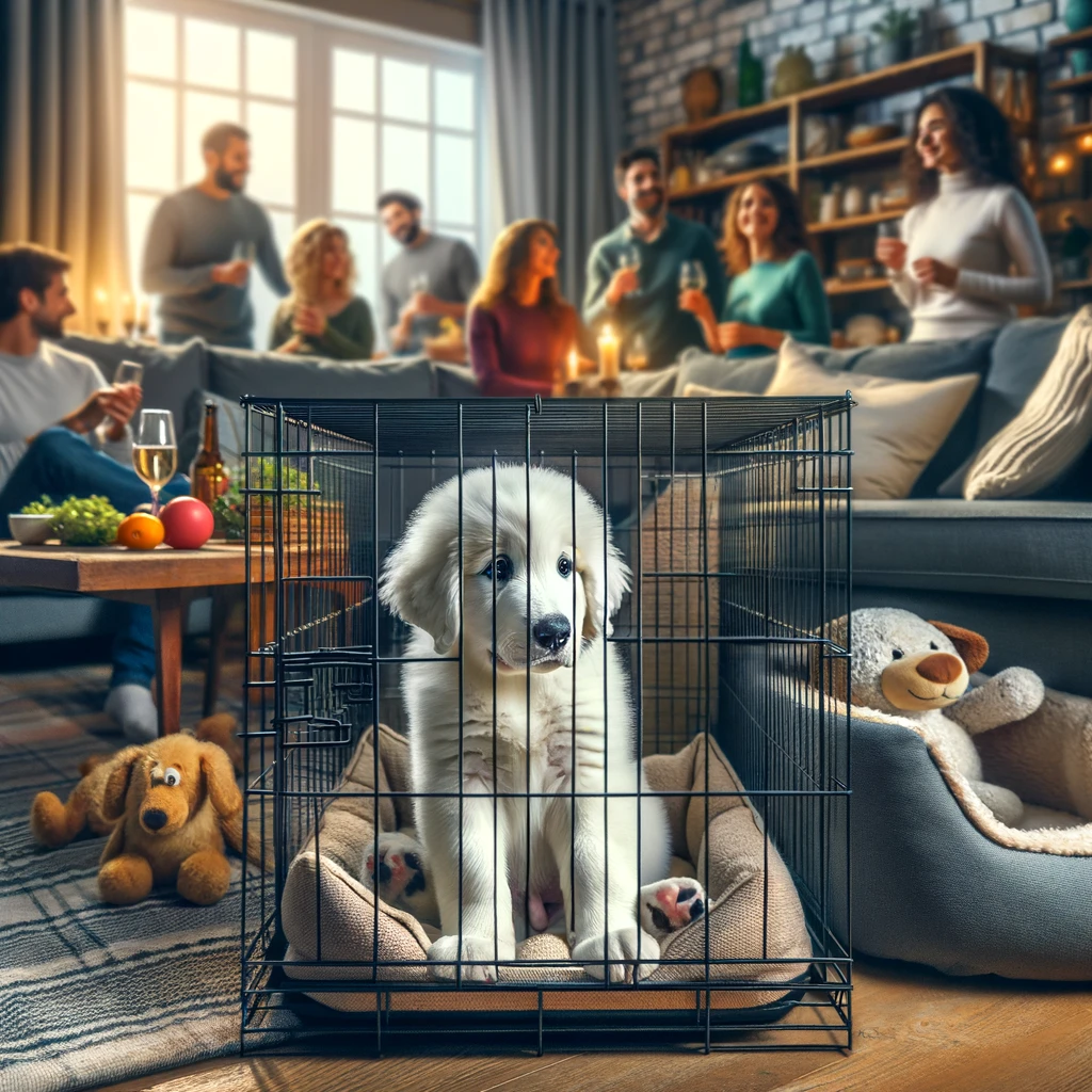A Great Pyrenees Puppy in a dog crate at a social event